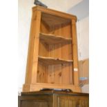 Small stripped pine hanging open shelved corner unit