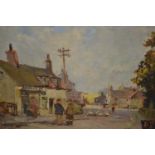 William Benner, 20th Century oil on board, figures in a street scene at Westleton, signed, 9ins x