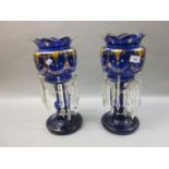 Pair of Victorian gilded blue glass lustres with drops, 15.5ins high