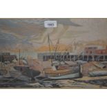 Framed lino cut print, boats in a harbour at low tide, monogrammed, 10.5ins x 17ins