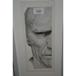 Rachel Laving Taylor, monochrome pointillist study, portrait of Clint Eastwood, 11ins x 4ins, framed