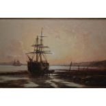 19th Century oil on canvas, coastal landscape at sunset, with figures unloading a beached boat,