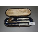 Victorian silver bladed mother of pearl handled three piece Christening set (case at fault)