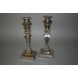 Pair of late 19th Century Sheffield silver candlesticks of square stepped form in Adam style, 1894