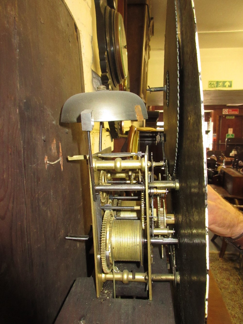 Unusual George III oak and mahogany crossbanded longcase clock, the swan neck pediment above an oval - Image 4 of 13