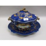 Modern floral decorated blue pottery tureen with cover and stand and metal handles