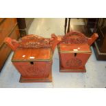 Near pair of Chinese red lacquered marriage caskets having carved decoration
