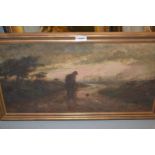 M Clarke signed oil on canvas, landscape at sunset with figure on a country road and distant town,