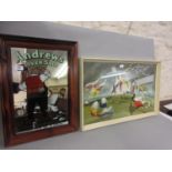 Reproduction Andrews Liver Salt advertising mirror in pine frame and a framed surrealist print