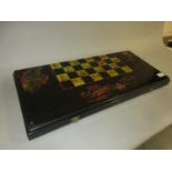 Oriental lacquered backgammon and draughts games set decorated with various scenes of buildings,