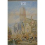 Henry Schafer, pair of watercolours, North European city street scenes with figures, signed, 18ins x