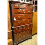 George II style mahogany chest on chest, the moulded cornice above three short and six long