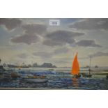 Beresford Johnson, 20th Century watercolour, various small boats before a tanker in harbour, signed,