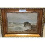Attributed to S.L. Kilpatrick, pair of oils on card laid on board, shipping off a rocky coastline,