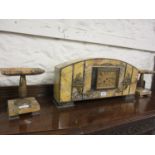 Large Art Deco Carrera marble and serpentine mounted three piece clock garniture with further gilt