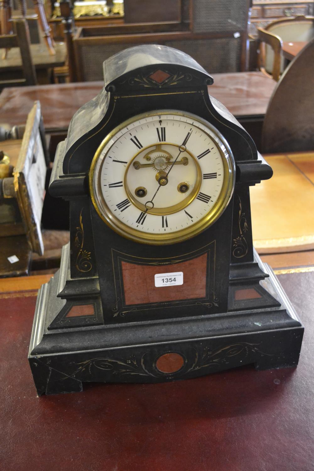 Large 19th Century black slate and rouge marble mantel clock, the architectural case enclosing an