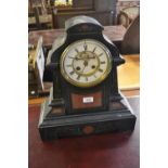 Large 19th Century black slate and rouge marble mantel clock, the architectural case enclosing an