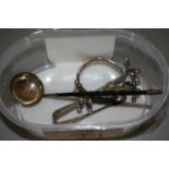 Early Victorian silver toddy ladle with whale bone handle, pair of plated knife rests, pair of