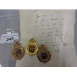 Group of three 9ct gold and enamel season 1919 / 20, Essex Senior cup medals