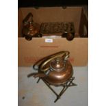 Copper spirit kettle on stand, another oval copper kettle and sundry metalware