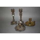 Pair of plated on copper candlesticks, together with a 19th Century plated on copper chamber