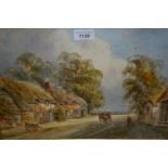 E. Wett, watercolour, street scene with thatched cottages, horse drawn hay cart and figure,