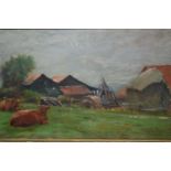 19th Century oil on panel, cattle resting by farm buildings, indistinctly signed Clayton Adams?, 5.