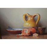 Robert Chailloux, oil on board, still life study, oranges and pottery on a table, signed, 10ins x