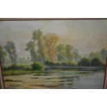 J. Etienne, oil on board, river landscape, signed, framed, inscribed verso, 10ins x 13ins,