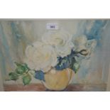 Marion Broom, watercolour, still life vase of white roses, signed, 11.5ins x 15ins, framed