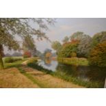 David Smith, oil on canvas, rural river scene with a moored boat, signed, 26ins x 36ins, gilt framed