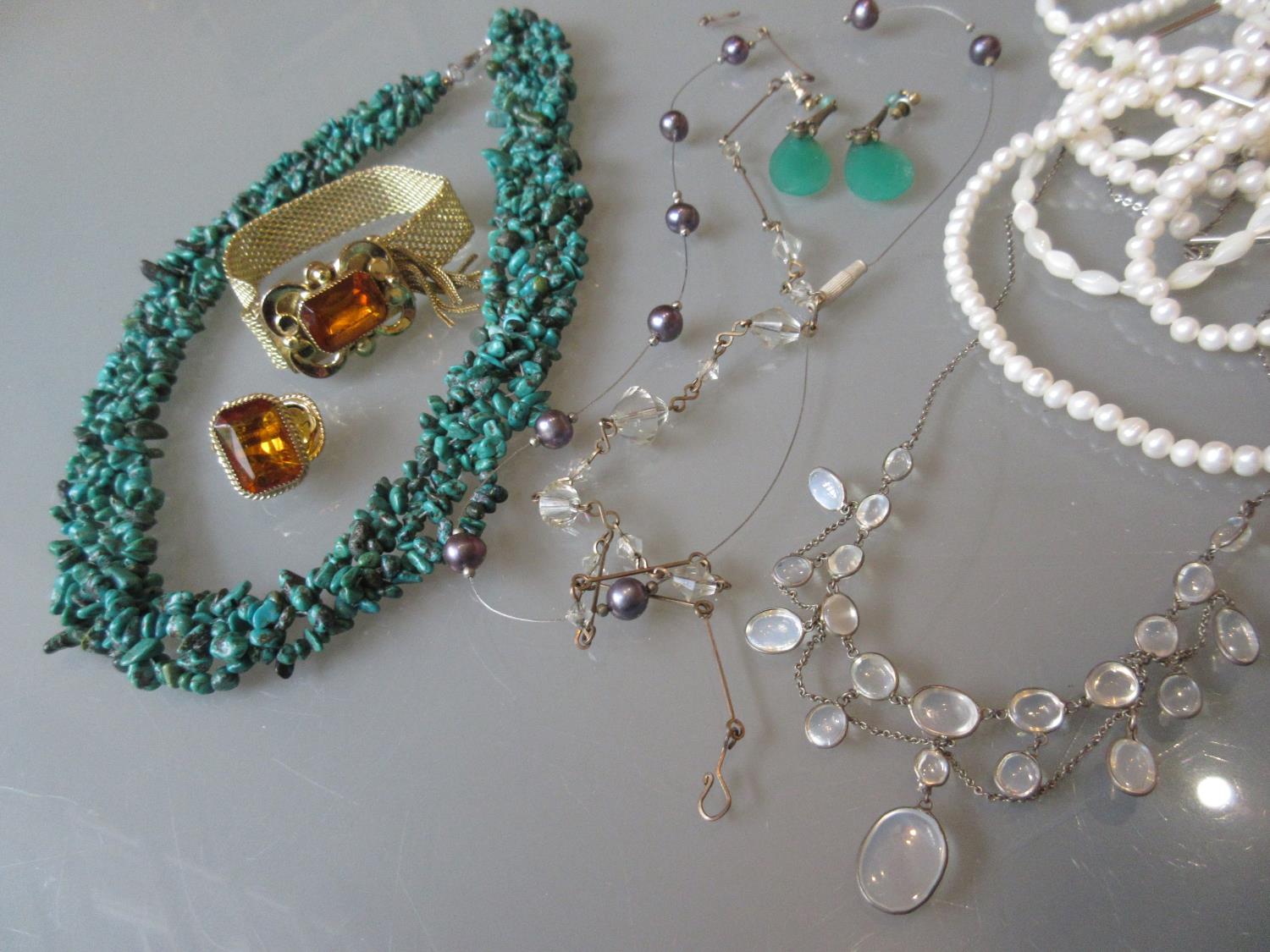 Large turquoise necklace and various other costume jewellery etc.