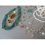 Large turquoise necklace and various other costume jewellery etc.