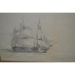 Eduardo De Martino, signed monochrome watercolour and pencil, English man-o-war on calm waters,