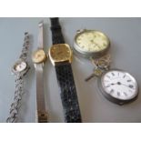 Continental silver cased fob watch, a metal cased pocket watch and three various wristwatches