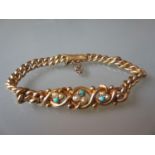 Victorian 15ct gold curb link bracelet, set turquoise and seed pearls in the form of clover leaf