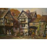 Tom Keating, oil on canvas, group of figures before a timber framed building, signed, 18ins x 24ins,