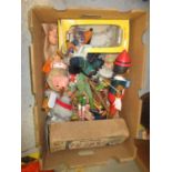 Box containing a quantity of various Pelham puppets including Wombles