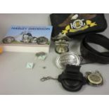 Harley Davidson leather belt and buckle, cased Harley Davidson pocket watch with stand, Harley