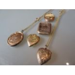 Group of five gold plated lockets