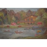 Early 20th Century impressionist style oil on panel, figures at a boating lake, signed