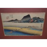 Two unframed Japanese woodblock prints, Tokaido Station by Utagawa Sadahide and figures crossing a