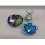 Murano type three division bowl, small Art glass bowl and an Mdina glass vase