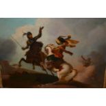 Antique oil on metal panel, battle scene with horsemen, 7.5ins x 9ins