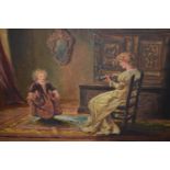 P. Greenwood signed 19th Century oil on panel, interior scene with child dancing, unframed, 9ins x