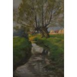 20th Century oil on board, river with willow trees, indistinctly signed, dated 1908, gilt framed,