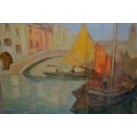 Knat Norman, oil on canvas, Venetian canal scene with figures on boats, unframed, 17ins x 22ins