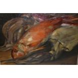 Marcel Falter, oil on board, still life study of a fish, signed, gilt framed, bearing label verso,