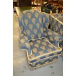 Knole type blue damask upholstered three piece sitting room suite