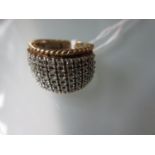 9ct Yellow gold ring set five rows of brilliant cut diamonds